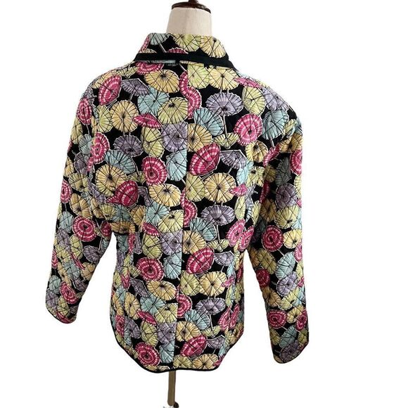 Vintage SilkLand Umbrella Print Silk Quilted Jacket w/ Clear Seed Beads XL - Picture 5 of 7